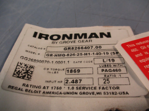 IRONMAN GRHMQ82625H114019 GROVE 25:1 RIGHT ANGLE GEAR REDUCER GR8260566.19