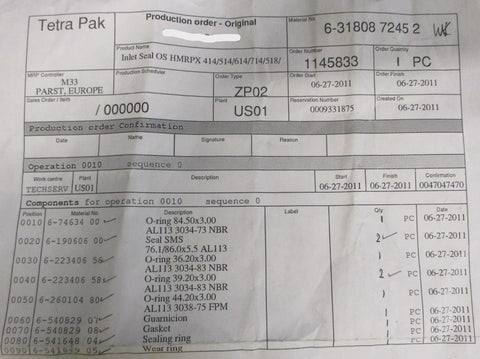 Tetra Pak 631808 7245 2 Seal Set, Inlet Seal OS HMRPX 414/514/614/714/518