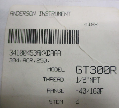 Anderson Instrument Thermometer 4182197 GT300R, 1/2"NPT Thread, 40/160F Range