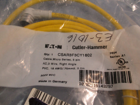 Lot of (3) Cutler Hammer CSAS3F3CY1802 Micro Cable 3pin Straight 2.0m