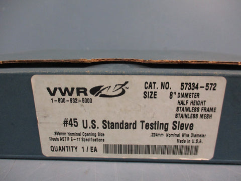 VWR #45 U.S. Standard Testing Sieves Size 8" Diameter Cat#57334572 Stainless
