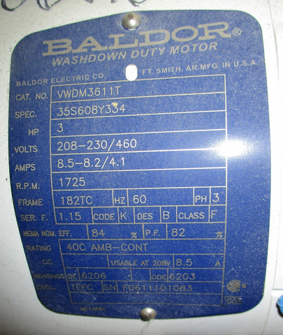 Baldor VWDM3611T Washdown Duty Motor 3 HP 1 1/8 Shaft Dia Phase 3