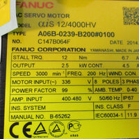Fanuc aiS 12/4000HV AC Servo Motor A06B0239B200#0100 2.5 kW, 336 V Motor