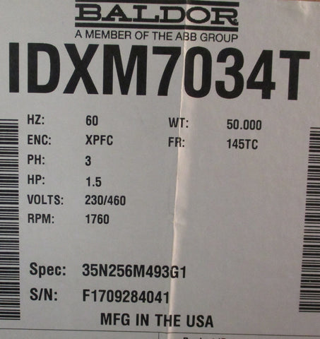 Baldor IDXM7034T Hazardous Location Motor 1.5HP 2700RPM Max 7/8" Shaft Dia