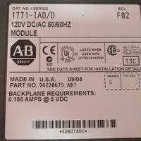 Allen Bradley 1771IAD/D Rev. F02 120V DC/AC 50/60Hz Module Series D Used