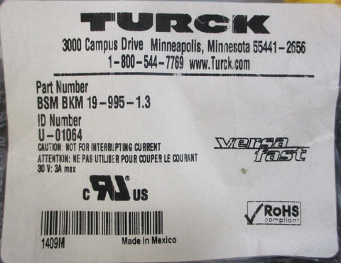 Turck BSM BKM 19-995-1.3 Shielded Power Cable U-01064 30V 3A 19-Pin Connector