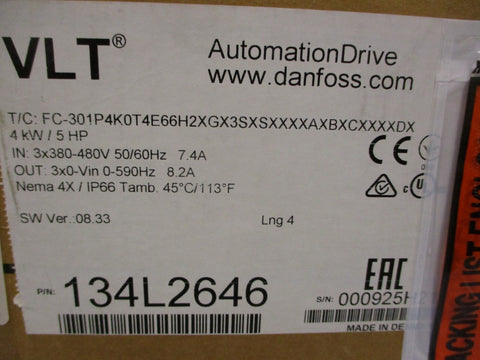 Danfoss VLT Automation Drive 134L2646 4kW 5HP NEMA 4X IP66 3X380480V In