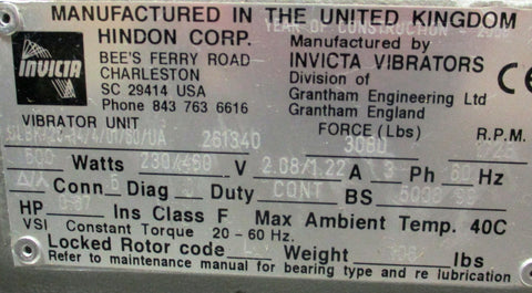 Hindon Invicta ULBK/2814/4/01/60/UA 261340 Vibrator 3080 Lb Force 0.67 HP