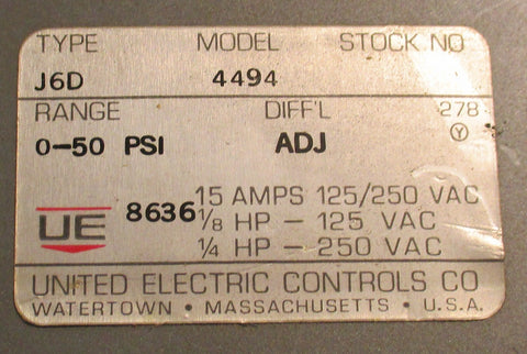 United Electric Controls J6D Pressure Switch 4494 15 Amps 0 to 50 PSI lot of 2