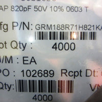 Murata GRM188R71H821KA01D Ceramic Capacitors, SM, 50V, 820pF, 0603, 4555 pcs