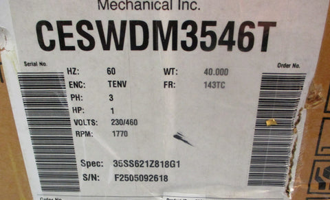 Baldor Reliance CESWDM3546T Washdown Duty Motor 1HP 1770RPM 7/8" Shaft Dia