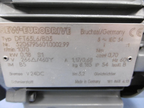 Sew Eurodrive Brake Motor DFT63L6/B03 .18 kW or .25 HP 1070 RPM 3 Phase 460/230