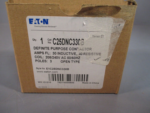 Cutler Hammer Eaton Contactor 3 Pole 208/240 VAC 50/60HZ Coil 30 Amp C25DNC330