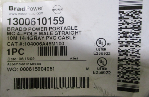 Molex BradPower 104006A46M100 Portable MC 4Pole Male Straight 10M 14/4 PVC Cab.