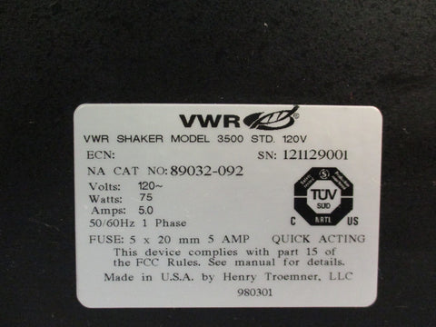 VWR Standard 3500 89032-092 Orbital Shaker, 12.5"x10.5" Platform, 35 lbs Max
