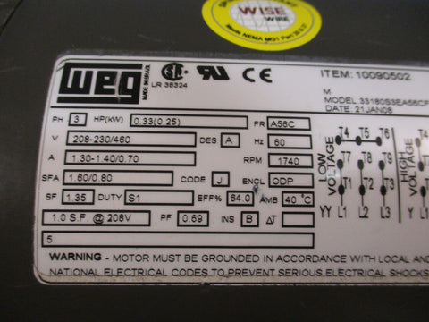 WEG Electric Motors, Motor 3PH, A56C, 60 Hz, 1740 RPM, 10090502 33180S3EA56CFL