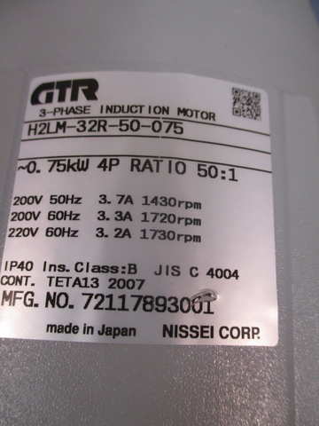 NISSEI CORP/GTR 3-PHASE INDUCTION MOTOR 0.75KW 220V 50:1 RATIO H2LM-32R-50-075