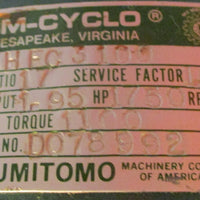 Sm-Cyclo GearBox 17:1 Ratio 1100 In Lbs 1.95Hp 1750 Rpm
