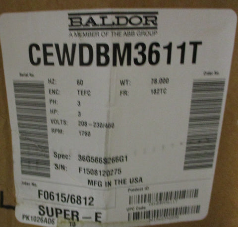 Baldor CEWDBM3611T Washdown Duty Motor w/ Stearns Brake 3HP 11/8" Shaft Dia