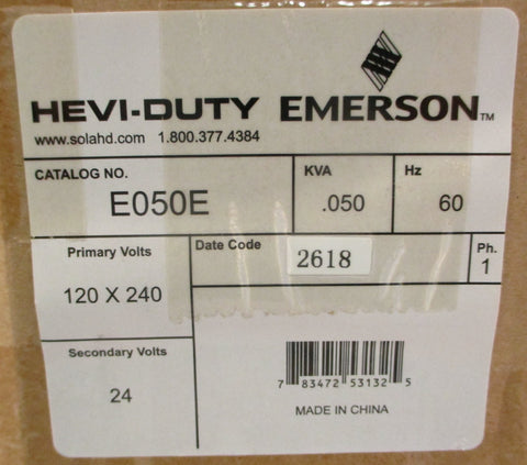 Emerson E050E Hevi-Duty Transformer 120 x 240V Volt 24V Sec .050KVA