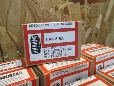 10 Socket Source 5/16-18 x 1/2 SS Vented Socket Set Screw 1 PK 5 Each SDS05C008V