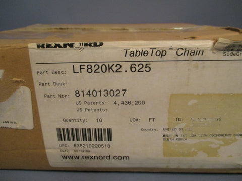 REXNORD TableTop Chain 10 Ft Lg LF820K2.625