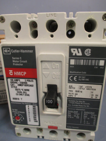 CUTLERHAMMER MOTOR CIRCUIT PROTECTOR 600 VAC, 350 VDC 3 POLE SER C HMCP100R3A02
