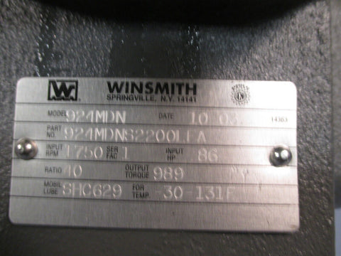 WINSMITH 924 Gearbox Ratio 40:1 1750 Input RPM Input HP 86 924MDN 924MDNS2200LFA