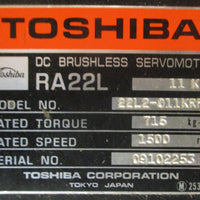 Toshiba RA22L DC Brushless Servo Motor 22L2011KRF 11kW 1500RPM 11/2" Shaft Dia