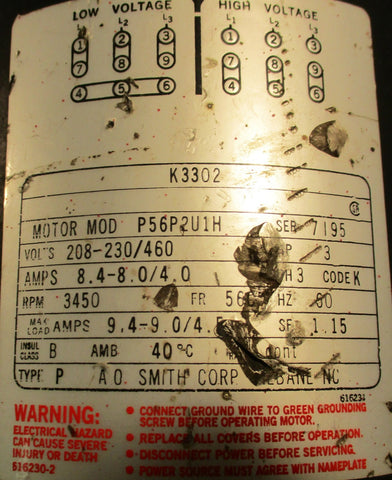 A.O. Smith P56P2U1H Electric Motor K3302 208230/460V 3450RPM 1.15SF 8.4A