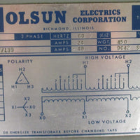 Olsun Dry Type Transformer Class AA 9642 S24564 20KVA 480HV 240Y/139LV