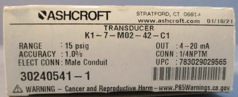 Ashcroft K17M0242C1 Transducer 420mA 15psig Range 30psig Proof 1036VDC