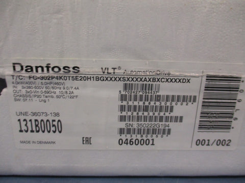 DANFOSS VLT 131B0050 DRIVE 5HP, 4.0kW, FC302P4K0T5E20H1BGXXXXSXXXXAXBXCXXXXDX
