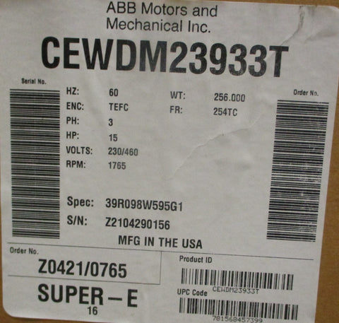Baldor Reliance CEWDM23933T Washdown Duty Motor 15HP 1765RPM 1-5/8" Shaft Dia