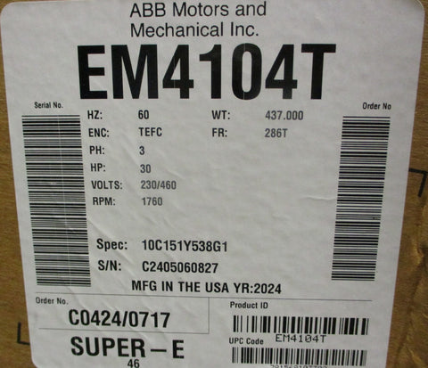 ABB Baldor EM4104T 3-Phase Motor 30HP 1760RPM 230/460V 1-7/8" Shaft Dia