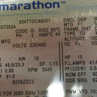 Marathon GT0024 Globetrotter 20 HP 3545 RPM Motor 254TTDCA6001 3 Phase