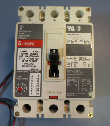 Westinghouse Series C 3 A 3 Pole 600VAC 250 VDC HMCPS003A0CA02 Circuit Protector