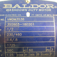 Baldor VWDM3538 Washdown Duty Motor 1/2HP 1725RPM 60Hz 460V 1.6A 56C Frame
