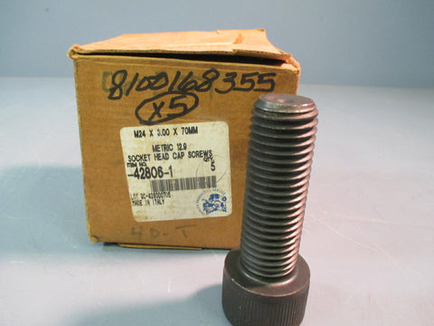 Lot of 5 Metric Socket Head M24 x 3.00 x 70mm Cap Screws 12.9 Bolts Blk 42806-1