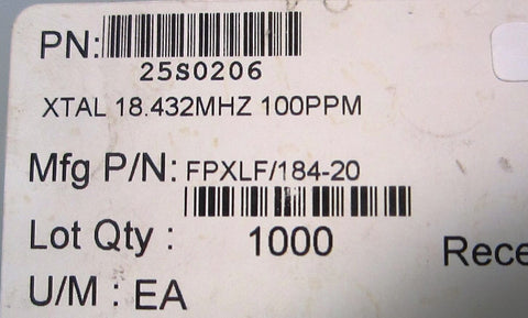 Fox Elec Plastic Encased SMD Crystal, 18.432MHz, 100ppm, reel of 483 FPXLF184-20