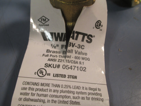 Lot of (2) Watts 1/2" Brass Ball Valve FBV3C Sku# 0547102