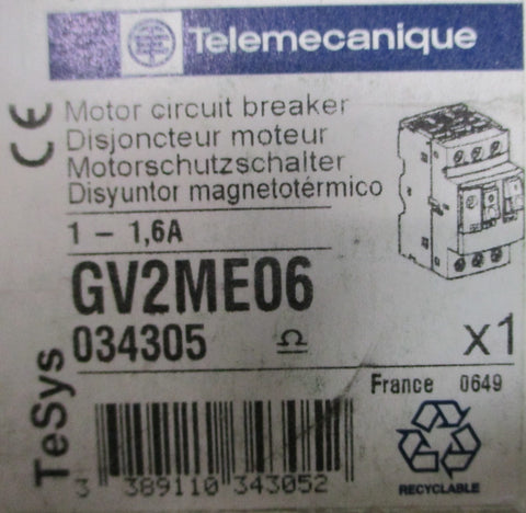 Schneider Electric Telemecanique GV2ME06 Motor Circuit Breaker 034305