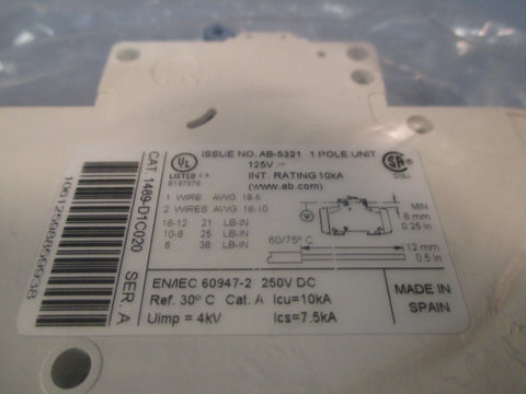 AllenBradley Industrial Circuit Breaker 1 Pole Ser A 1489D1C020