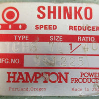 Hampton Shinko WT-CHS Speed Reducer Type 70 40:1 Ratio 1-1/8" Shaft Dia NOS
