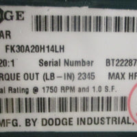 Dodge Tigear 2 FK30A20H14LH Gearbox 20:1 3.81HP 2345LbIn 111/16" Bore