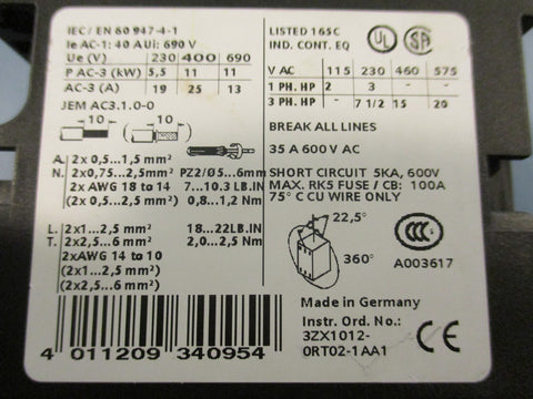 Siemens 3ZX1012-0RT02-1AA1 Contactor 35A 600V Max AC 3 Pole 3 PH