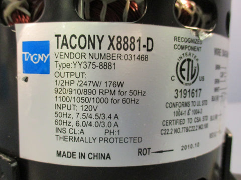 TACONY X8881-D Type YY375-8881 1/2 HP 920 RPM 120V 1 Phase Motor, 50/60Hz