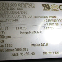 Sew Eurorive SA47/T DRN80M4/DH Gearmotor 230/460V 1751/46rpm 1.0hp 3.1/1.56A NOS