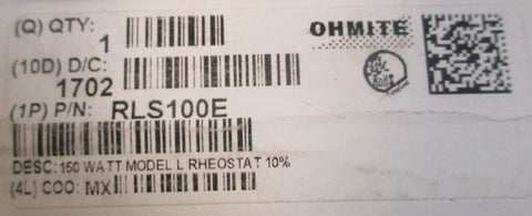 Ohmite RLS100E Resistor Wirewound Rheostat 1.225A Max 100Ohm 150W Model L