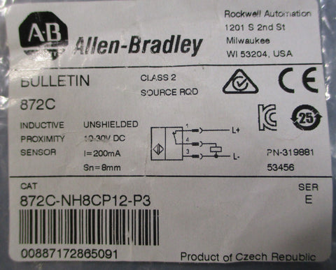 Allen Bradley 872CNH8CP12P3 Ser E Inductive Proximity Sensor 319881 No Washers